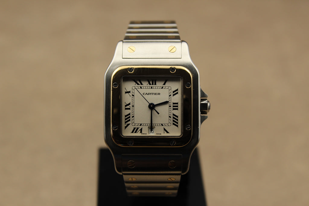 Montre Cartier Santos Galbée pour homme en acier et or, vendue par prestigeandtime.com, présentée en occasion authentique en excellent état avec full set, modèle emblématique idéal pour collection ou investissement horloger.